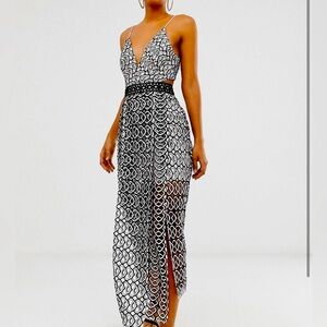 ASOS DESIGN midi dress in mono geo with layered skirt